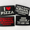 Four black embroidered iron-on patches featuring text about Iceman and pizza