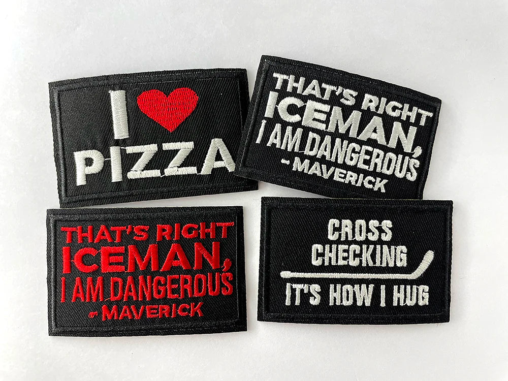 Four black embroidered iron-on patches featuring text about Iceman and pizza