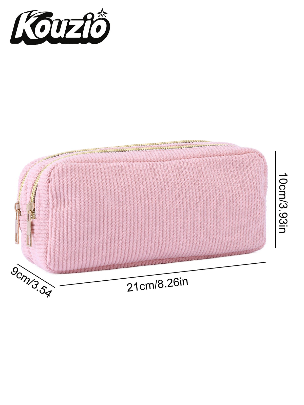 Pink leopard print double-zip pencil case with a zipper detail and dimensions of 9cm x 21cm.