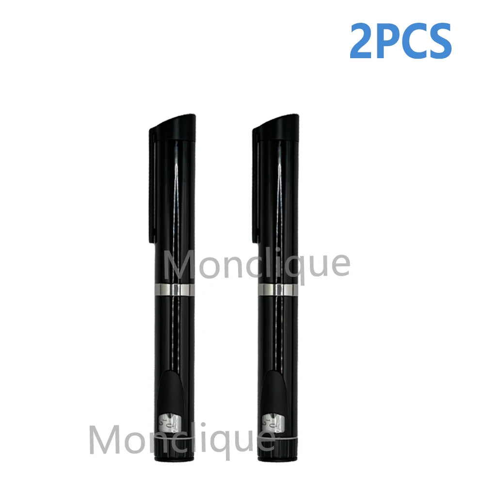 Two black reusable metal injection pens with silver accents shown side by side.
