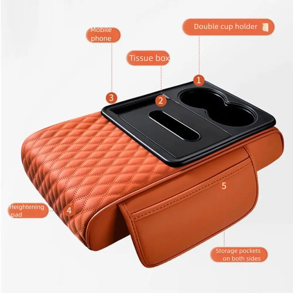 Orange car armrest cushion featuring a double cup holder, tissue box, and storage pockets on both sides.