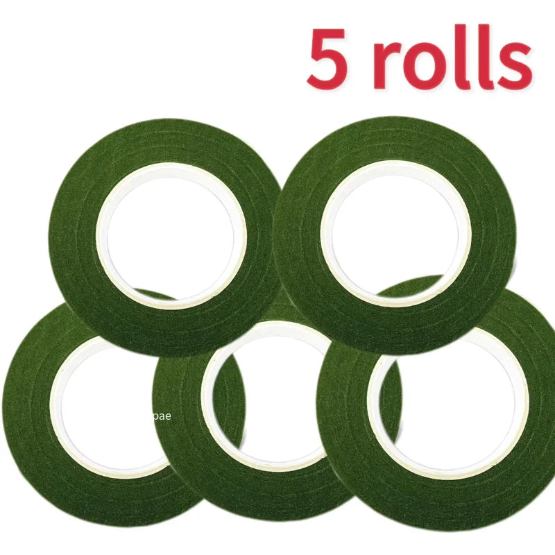Five rolls of self-adhesive green floral tape for bouquets and DIY flower arrangements