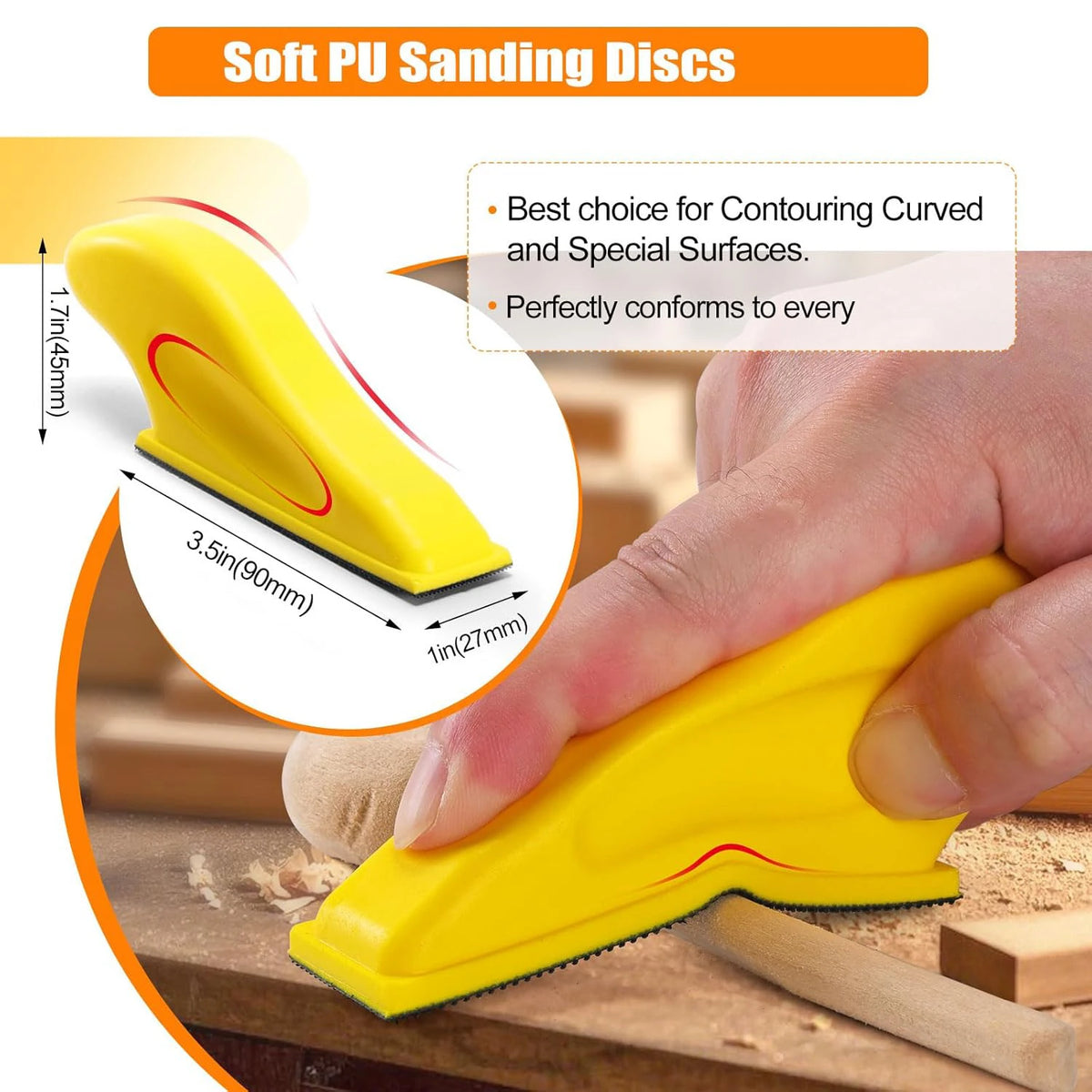 Yellow soft PU sanding discs and a yellow sanding tool being used on wood.