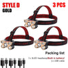 Three gold style D headlamps with adjustable straps and USB cables are shown.