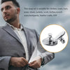 A man is shown adjusting a silver magnetic curtain clip on a fabric, demonstrating the product for effortless draping.