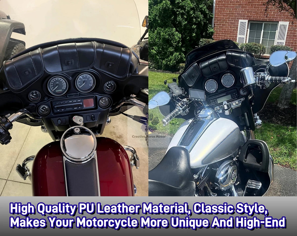 A silver motorcycle features a black PU leather storage bag on the windshield.