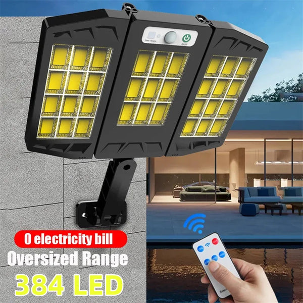 Lumière murale extérieure noire avec 384 LED, montrant sa portée étendue et son alimentation solaire.