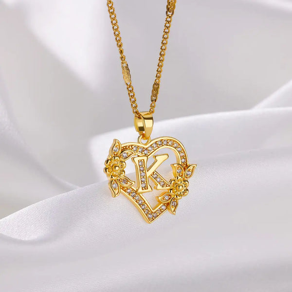 Zircon Flower Heart Initial Necklace