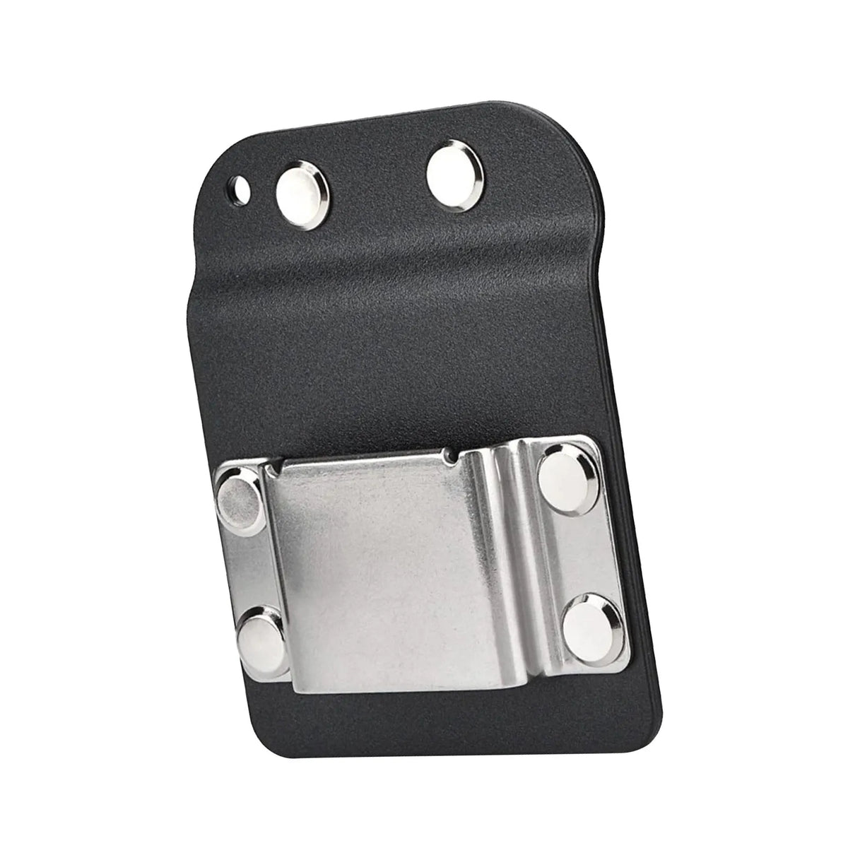 A heavy-duty stainless steel drill belt clip with a black mounting plate and silver clip.