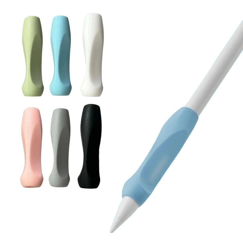 A collection of soft silicone pen grip sleeves in various pastel and dark colors shown next to a white digital pen.