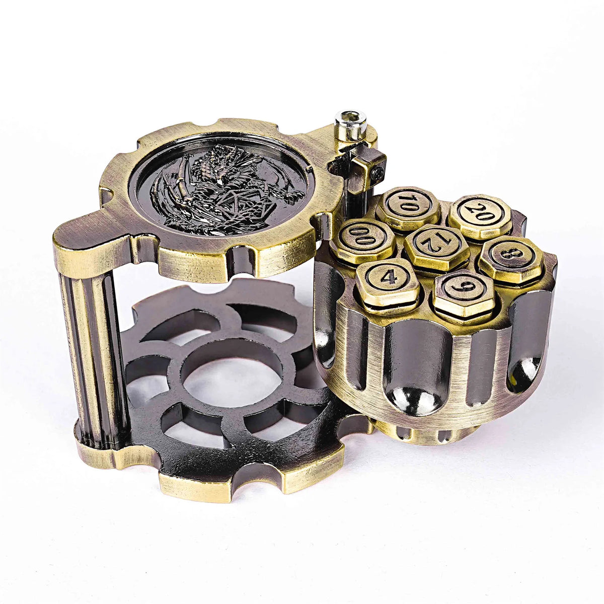 Golden Metal Revolver Dice Set for Tabletop RPGs