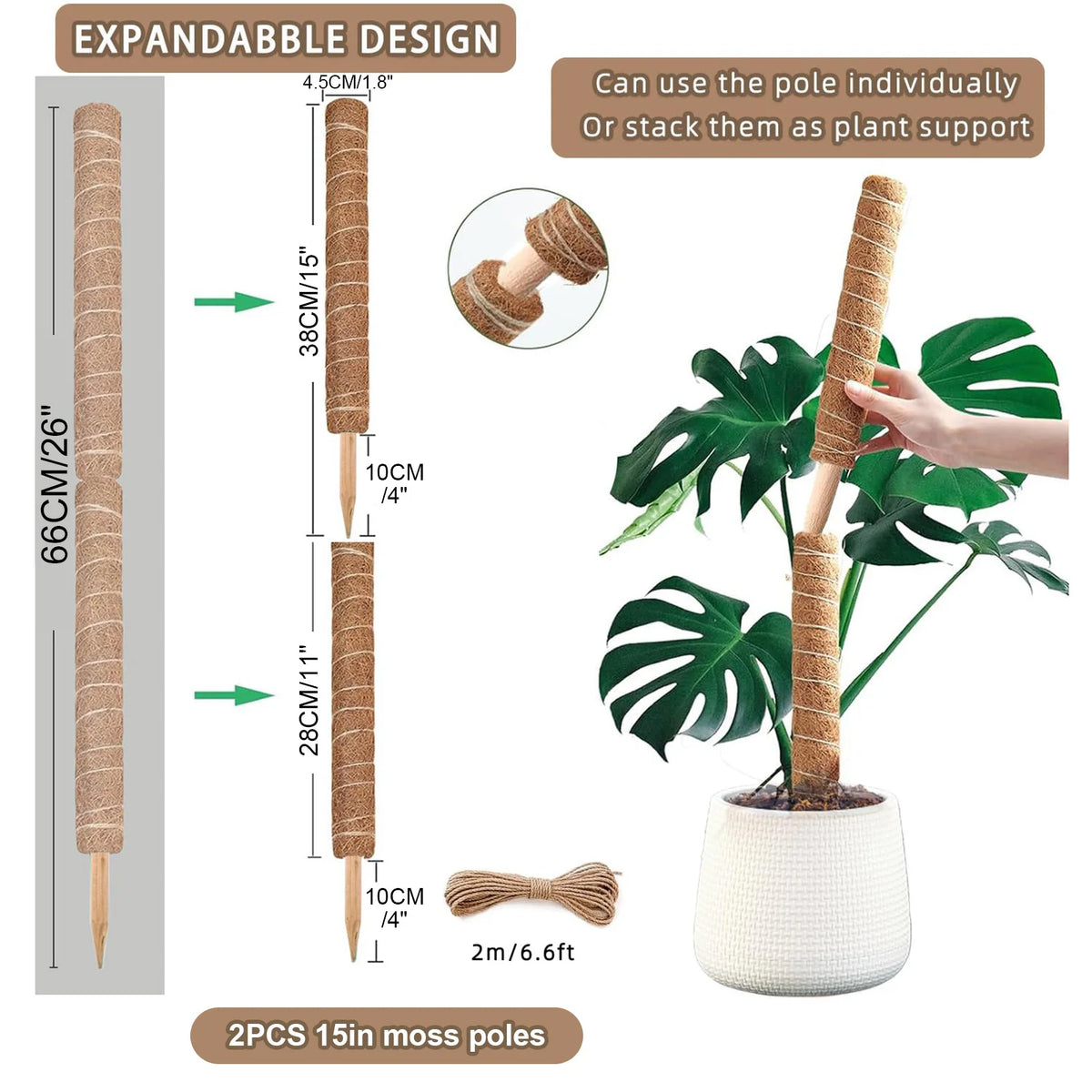 Two 15-inch coir moss poles used as plant support, showing their size and expandability.