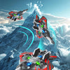 A red and black EPP foam RC stunt glider airplane performing a 360 degree rolling stunt against a snowy mountain backdrop.