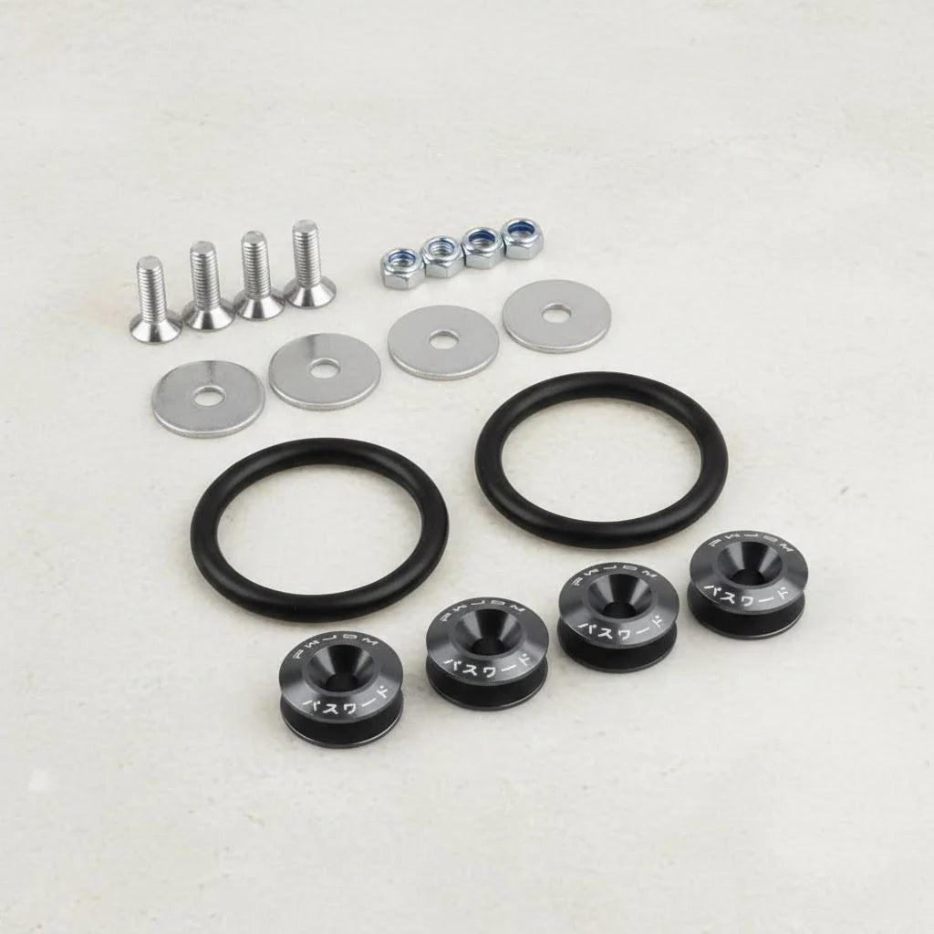 A collection of metal fasteners including bolts, washers, and rings for quick release bumper installation.