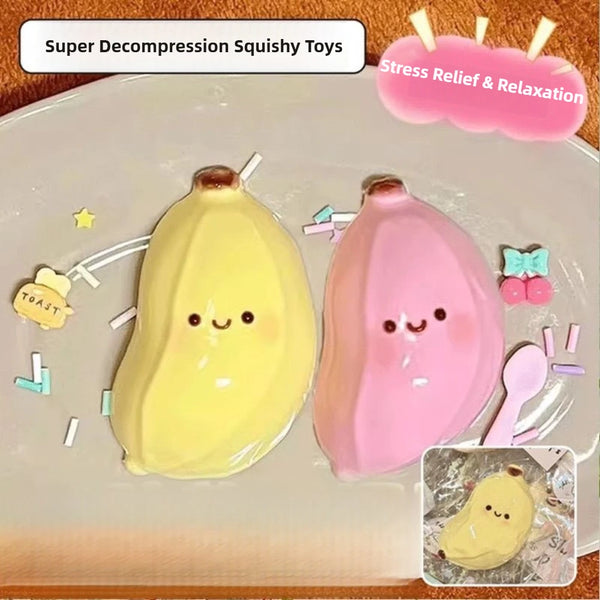 Zwei weiche Spielzeuge in Form von gelben und rosa Bananen zur Stresslinderung.