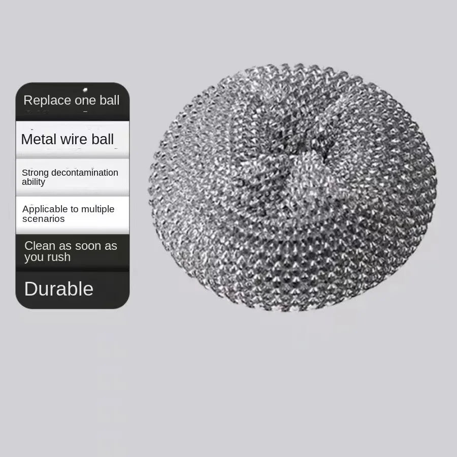 A close-up view of a metal wire ball cleaning brush with a built-in soap dispenser.