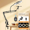 Black adjustable phone stand with an overhead light illuminating a food item on a wooden table.