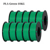 A bundle of ten green PLA filaments, each packaged on a black spool, for 3D printing.
