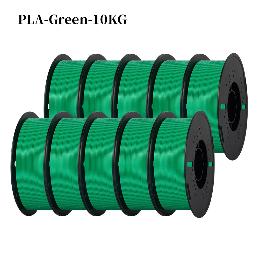 A bundle of ten green PLA filaments, each packaged on a black spool, for 3D printing.