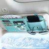 A teal car sun visor organizer holding sunglasses, a smartphone, and various cards in multiple pockets.