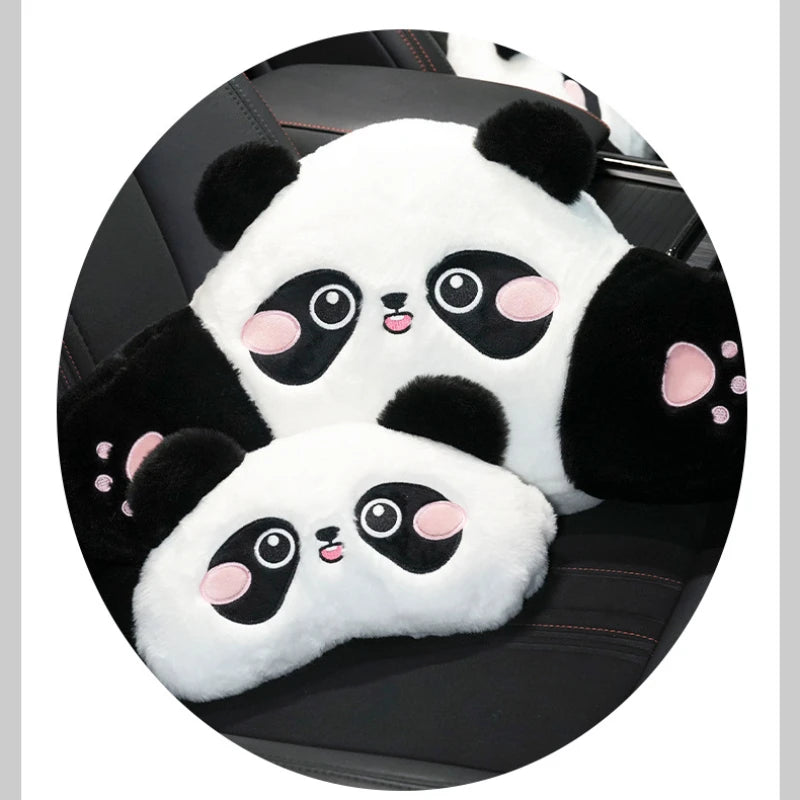White and black panda plush car headrest and lumbar support cushion