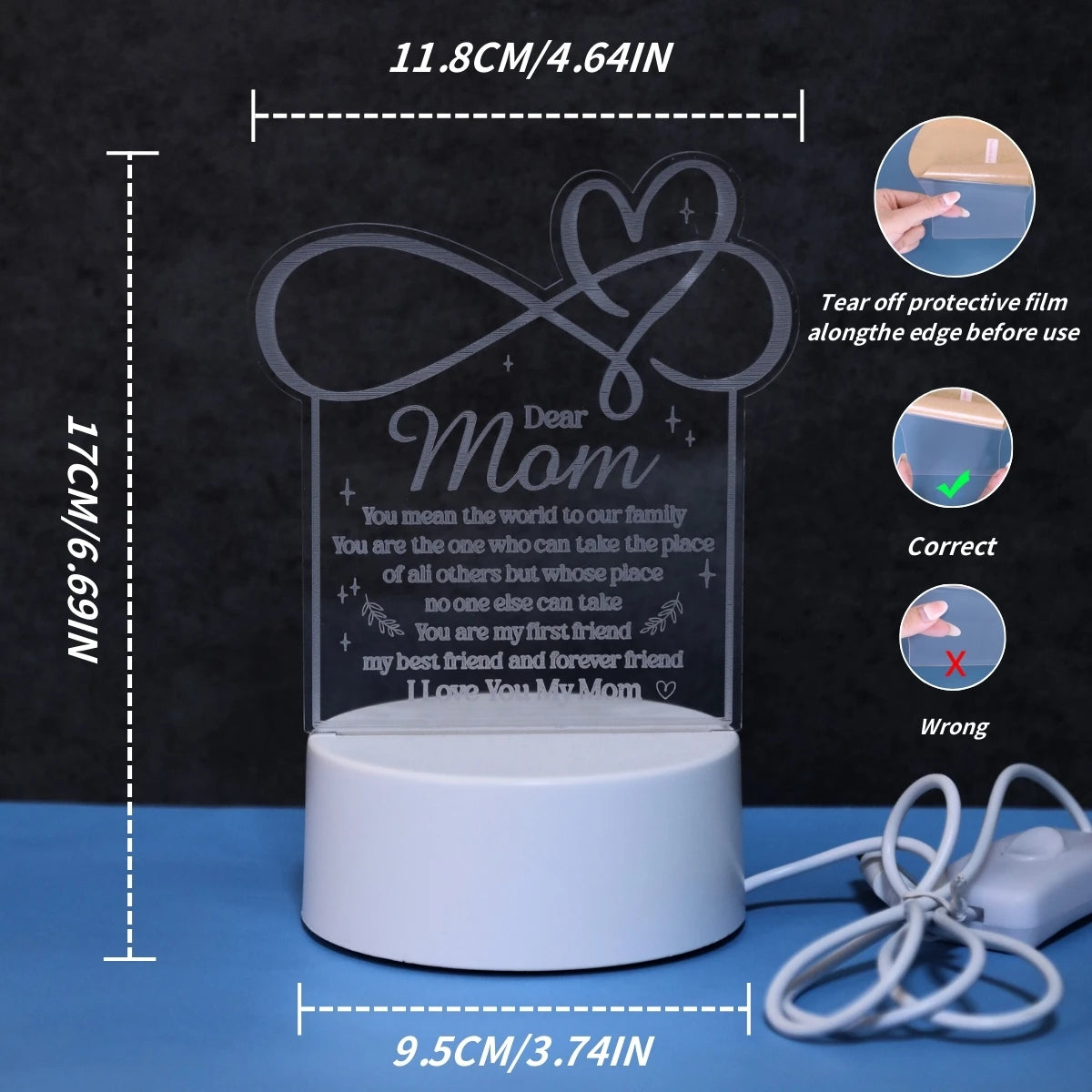 A white USB powered night light featuring a 'Dear Mom' design on a dark background.