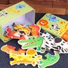 A wooden animal and vehicle puzzle set featuring colorful plastic pieces and a storage box.