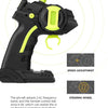 A black remote control device is shown with features for speed adjustment, steering wheel, and forward/backward control.