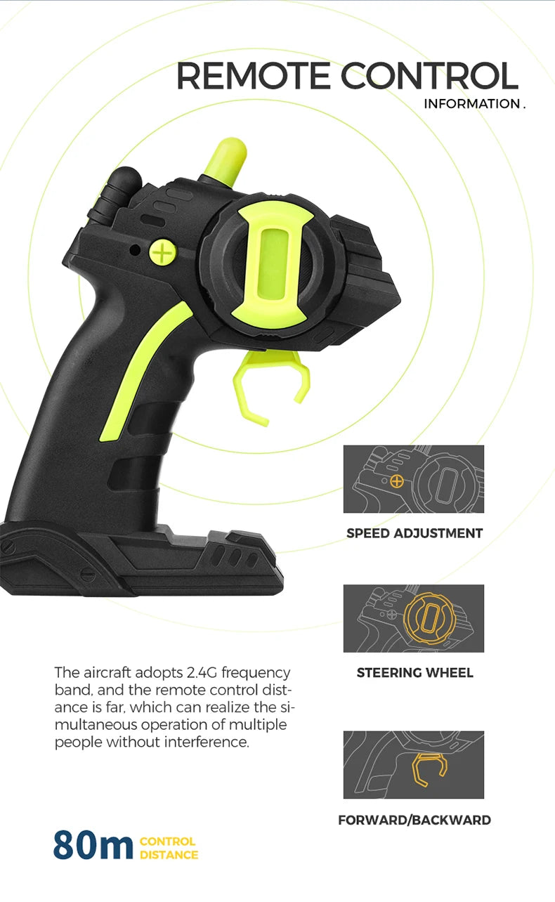 A black remote control device is shown with features for speed adjustment, steering wheel, and forward/backward control.