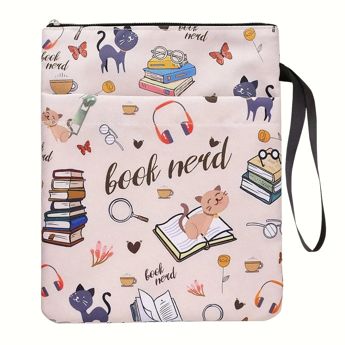 A pink fabric book sleeve with a zipper featuring a design of cats and books.