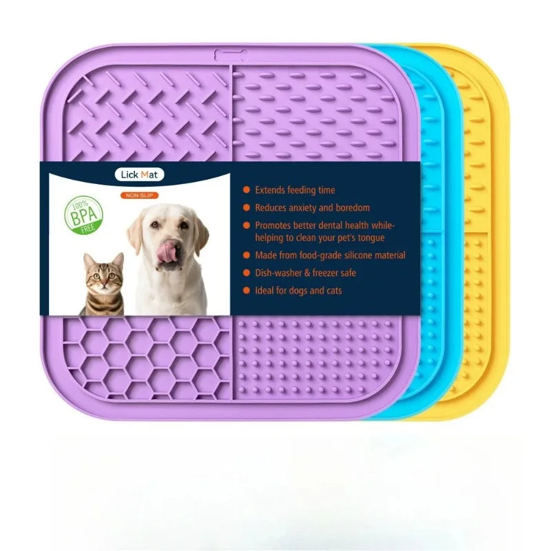 A purple silicone lick mat with suction cups in various colors, designed for dogs and cats.