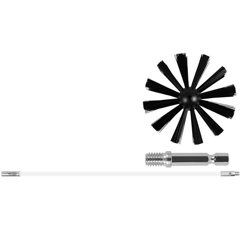 A flexible chimney and dryer vent cleaning brush kit with a metal rod and a black star-shaped brush head.