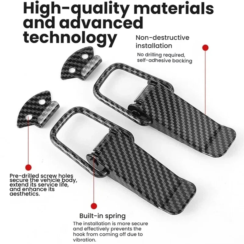 A set of non-destructive alloy hood pin locks with self-adhesive backing and a built-in spring for vehicle security.