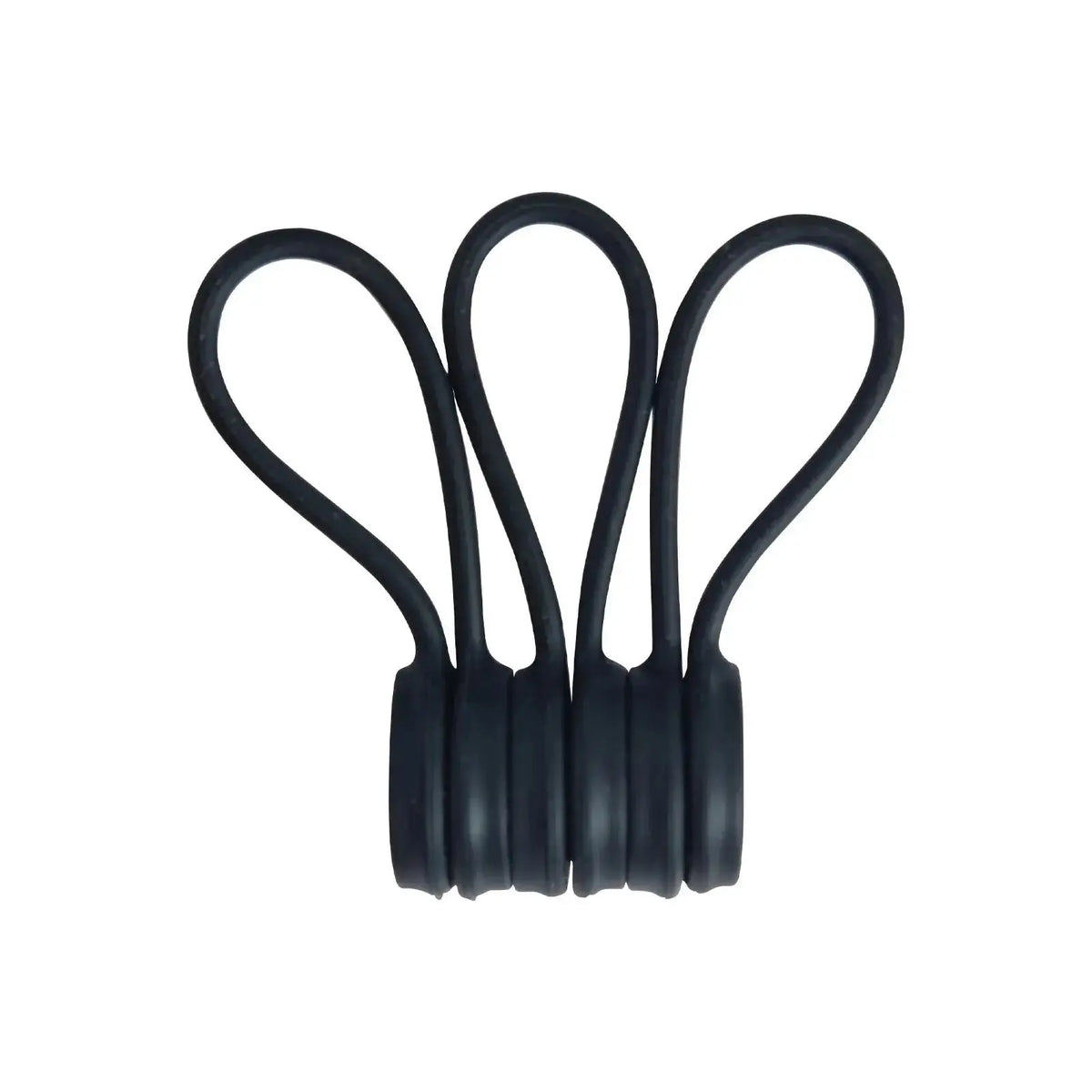 A pack of three black magnetic silicone cable ties used for organizing cords.