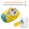 A yellow reusable mesh shoe washing bag is shown next to a white washing machine.
