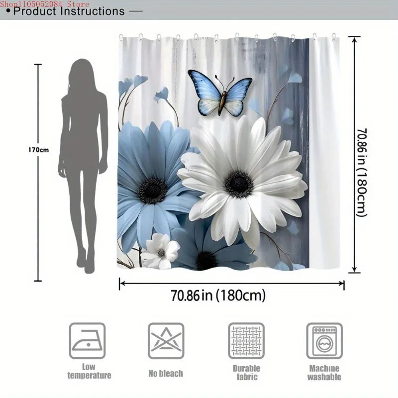 Blue & White Daisy Butterfly Shower Curtain with Hooks