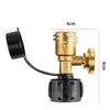 A brass digital propane tank gauge with a black hose and leak detector, shown against a white background.