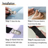 Step-by-step instructions showing how to install adjustable elastic bed sheet corner straps on a sheet.