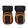 A pair of black heavy-duty gel knee pads with orange accents and adjustable straps.