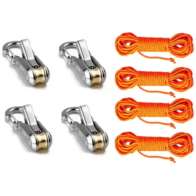 Aluminum alloy tent rope tensioner with bright orange reflective cord and metal clasps