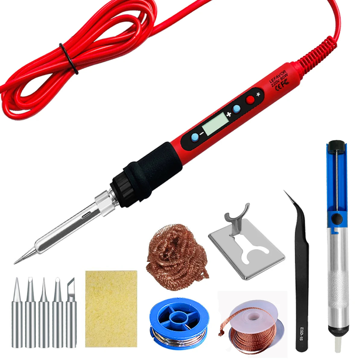 Kit de fer à souder avec cordon rouge, pointe, fil de soudure et divers accessoires.
