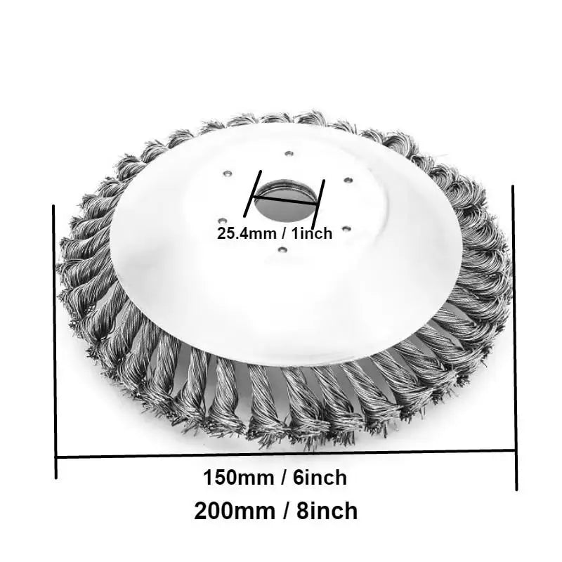 White steel wire weed trimmer head with dimensions 25.4mm/1 inch and length options of 150mm/6 inch or 200mm/8 inch.
