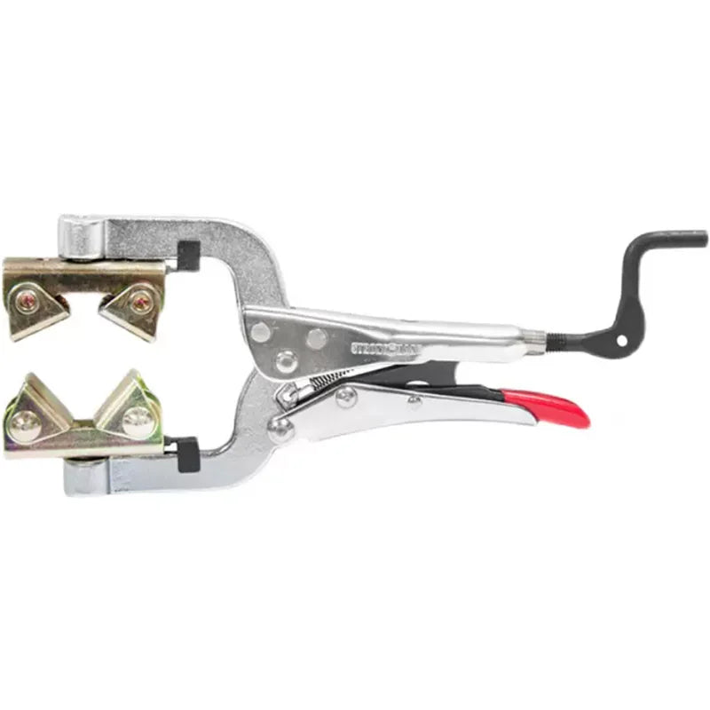 A pair of heavy-duty welding pipe clamp pliers used for round tube butt joints.