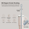 A pink reusable silicone straw cleaning brush with fine bristles shown next to various features.