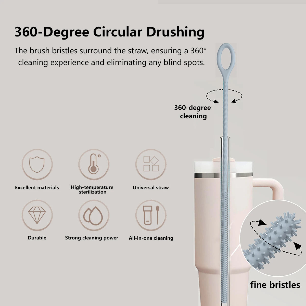 A pink reusable silicone straw cleaning brush with fine bristles shown next to various features.
