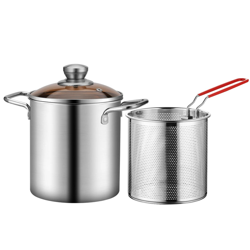 Deep Fryer Pot, 3.2 Qt, Stainless Steel with Basket and Glass Lid