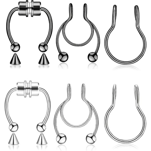 Un ensemble de anneaux de septum magnétiques en argent, dans divers styles et tailles.