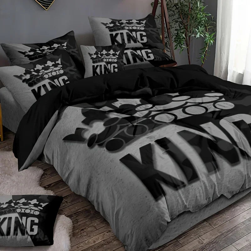 Dark Red Three-Piece Duvet Cover Set with Letter Print
