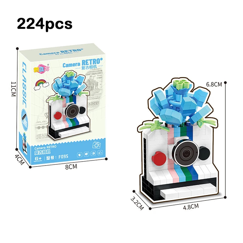 A set of 224 pieces of retro camera and flower bonsai building blocks for DIY decor.