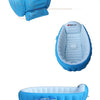 A blue inflatable bathtub for babies and toddlers shown in various views, including a standalone tub and a version with a han